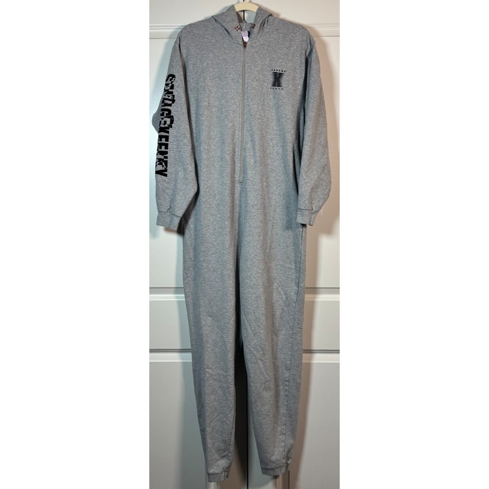 Savage X Fenty Unisex One Piece Hooded Jumpsuit Heather Gray Cotton Full Zip M